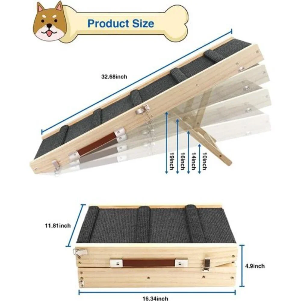 Adjustable Dog Ramp,Wooden Folding Portable Pet Ramp,Rated for 30 LBS,32.6